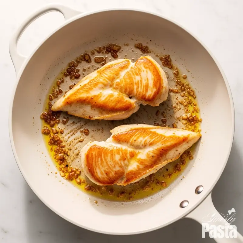 A top-down photo of chicken breasts being seared to a perfect golden-brown in a white skillet.