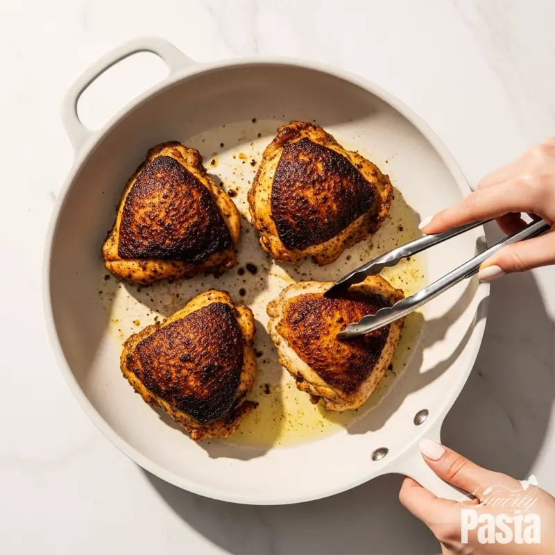 Top-down view of jerk-marinated chicken thighs searing to a deep brown crust in a white ceramic skillet.