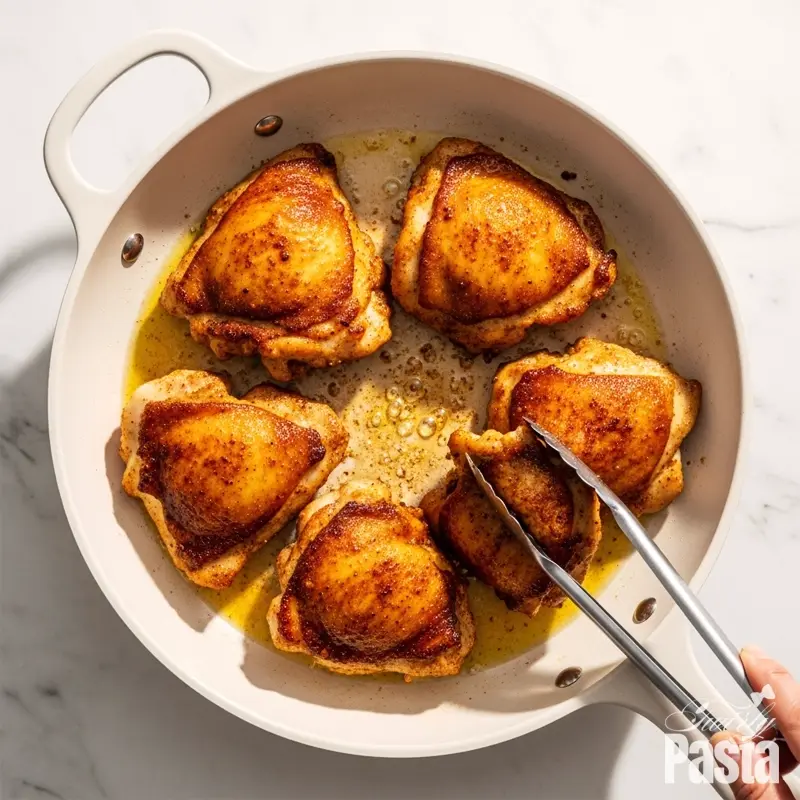 A top-down view of seasoned chicken pieces being seared to a golden-brown in a white ceramic skillet.