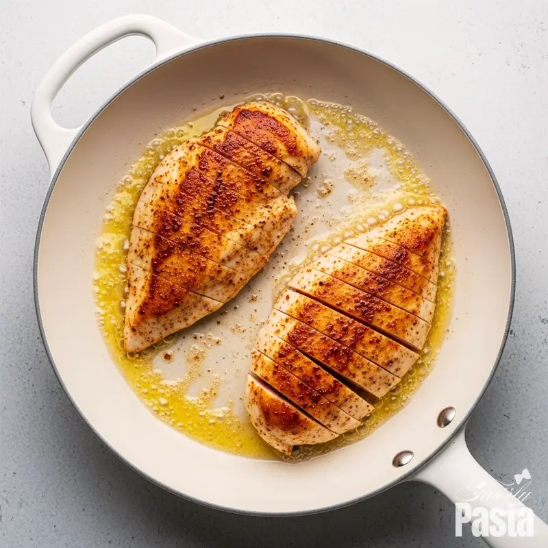 A flat lay image of seasoned chicken breasts searing to a golden-brown perfection in a hot white skillet.