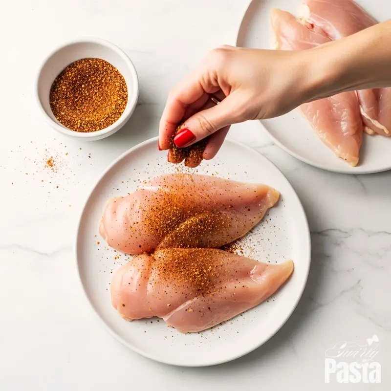 A top-down view of a hand generously coating raw chicken cutlets with a blackened spice mix.
