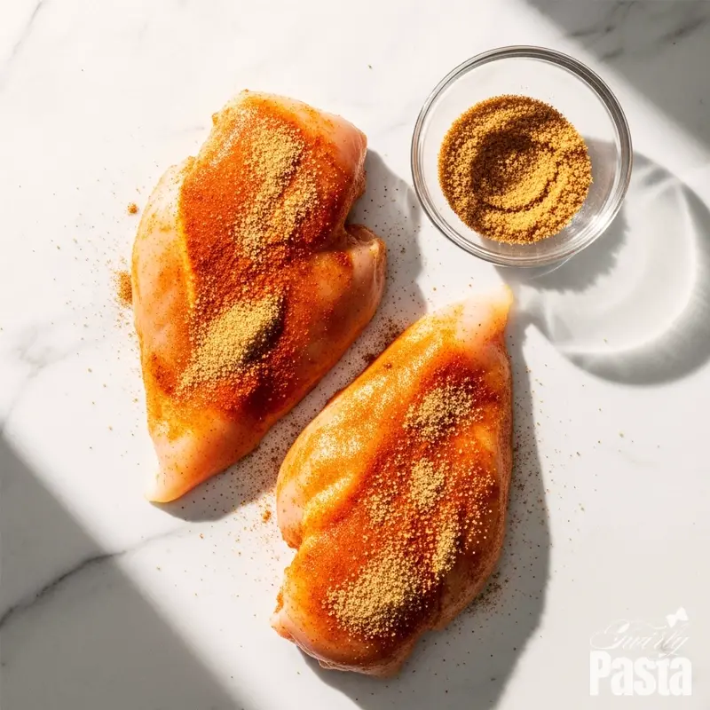 A top-down photo showing chicken breasts being coated with a generous amount of dark red BBQ spice rub on a white marble surface.