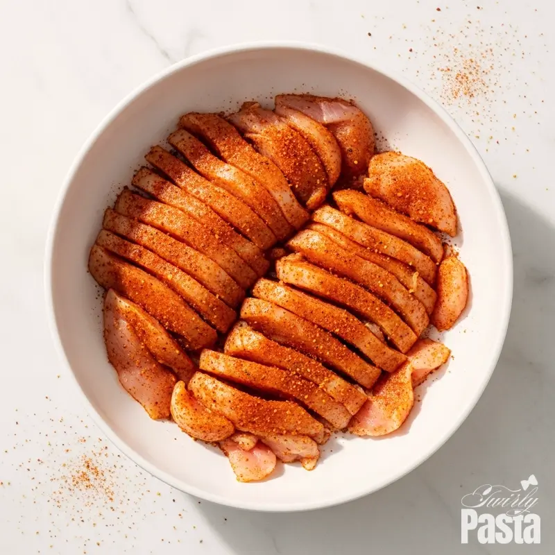 Overhead shot of raw chicken slices in a white bowl, thoroughly coated with a bright red paprika and cayenne spice mix.