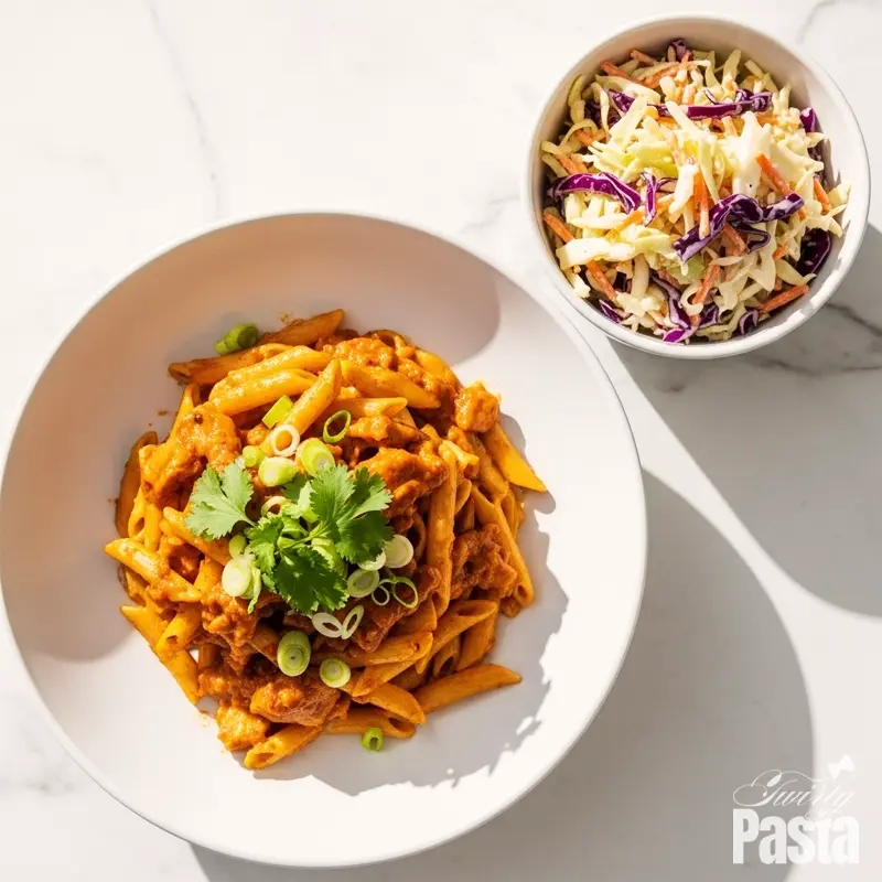 An overhead shot of a bowl of creamy BBQ chicken pasta garnished with cilantro, served next to a smaller bowl of fresh, crunchy coleslaw.
