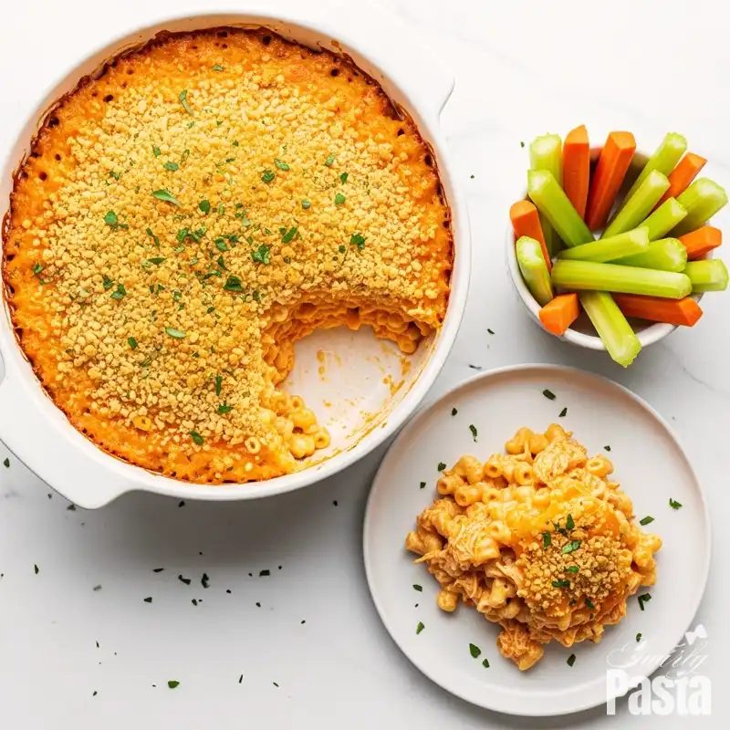 A serving of golden-baked buffalo chicken mac and cheese on a plate, next to the casserole dish and a bowl of celery and carrot sticks.