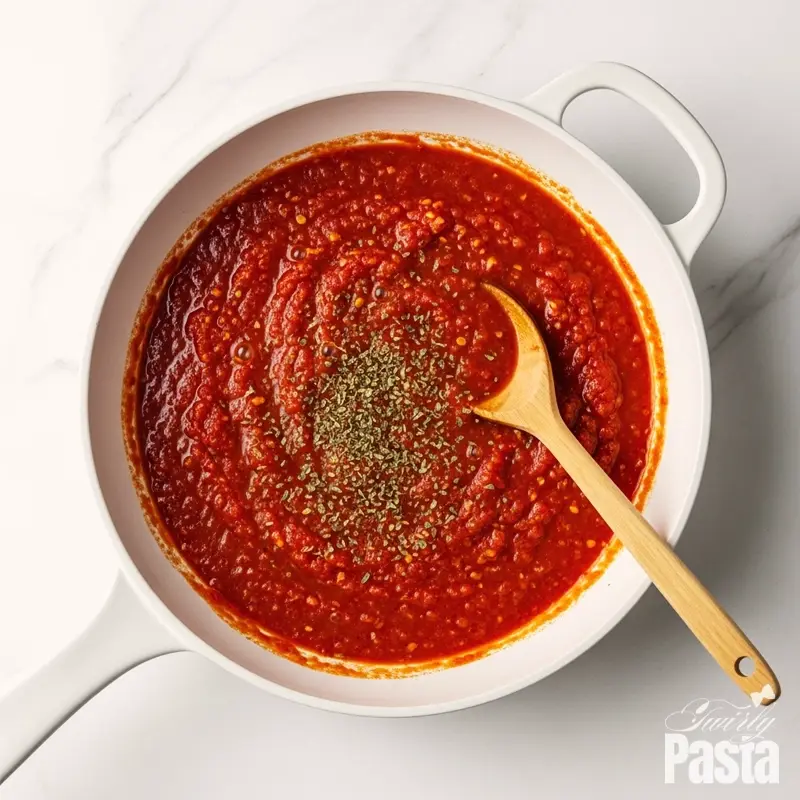 Overhead view of a spicy red Diavolo sauce simmering gently in a white ceramic skillet.