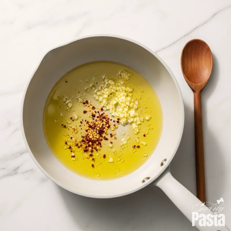 A top-down shot of minced garlic and red pepper flakes sizzling in olive oil in a white saucepan.