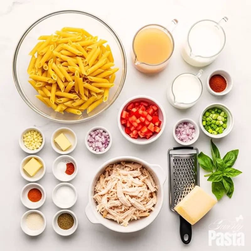 A top-down view of all the ingredients for spicy asiago chicken pasta arranged neatly on a white marble countertop.
