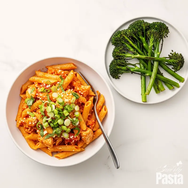 A plated bowl of spicy Asiago chicken pasta served with a side of roasted broccolini, viewed from directly above.