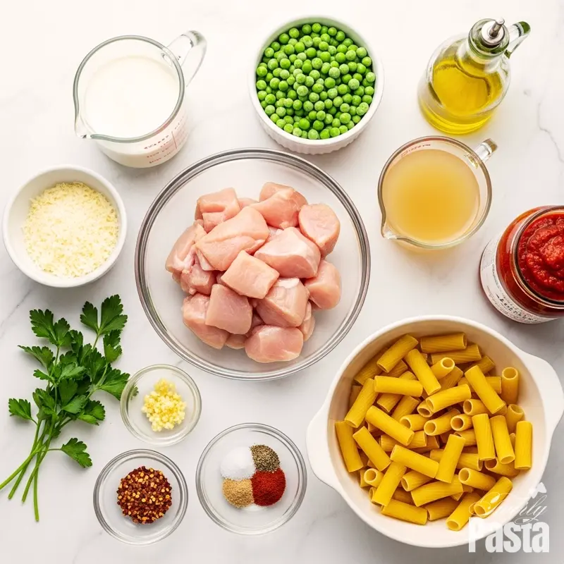 A top-down view of all the ingredients for spicy chicken rigatoni arranged neatly on a white marble countertop.