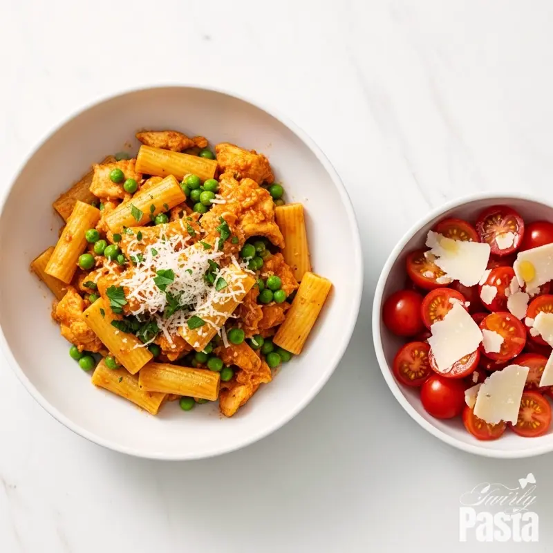 A plated bowl of spicy chicken rigatoni served with a side salad of cherry tomatoes and Parmesan.