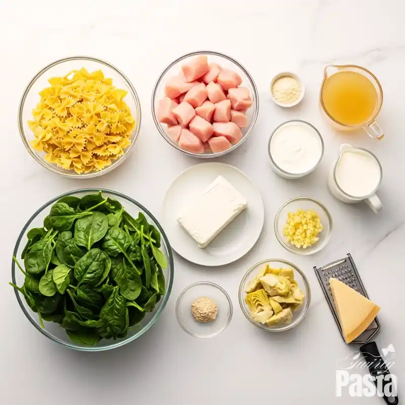 A top-down view of ingredients for spinach artichoke chicken pasta, arranged neatly in bowls on a white marble surface.