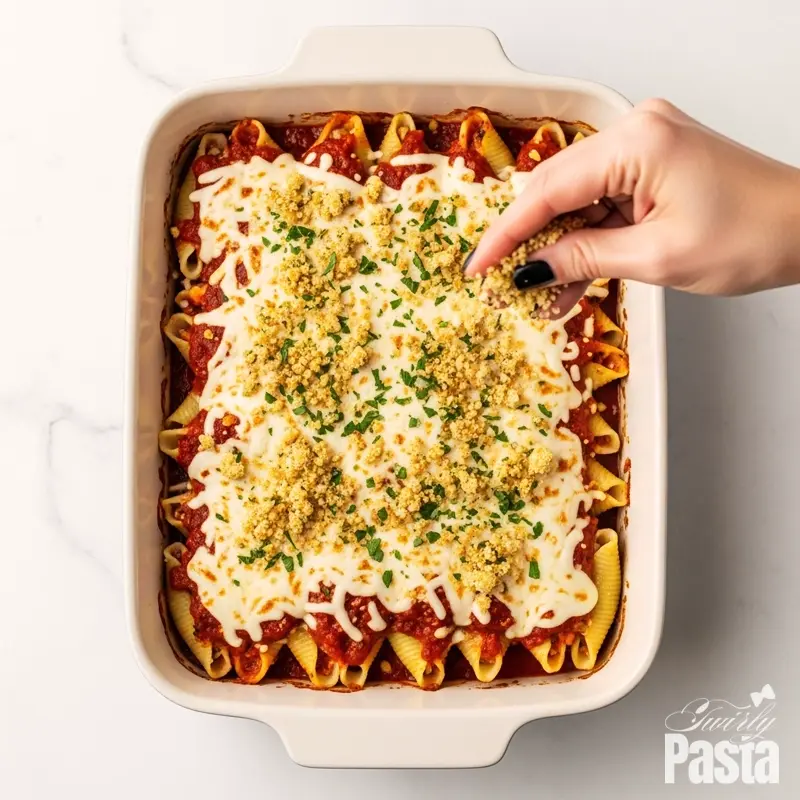 From above, a hand sprinkles toasted panko breadcrumbs over a casserole of cheesy chicken and spinach stuffed shells before their final bake.