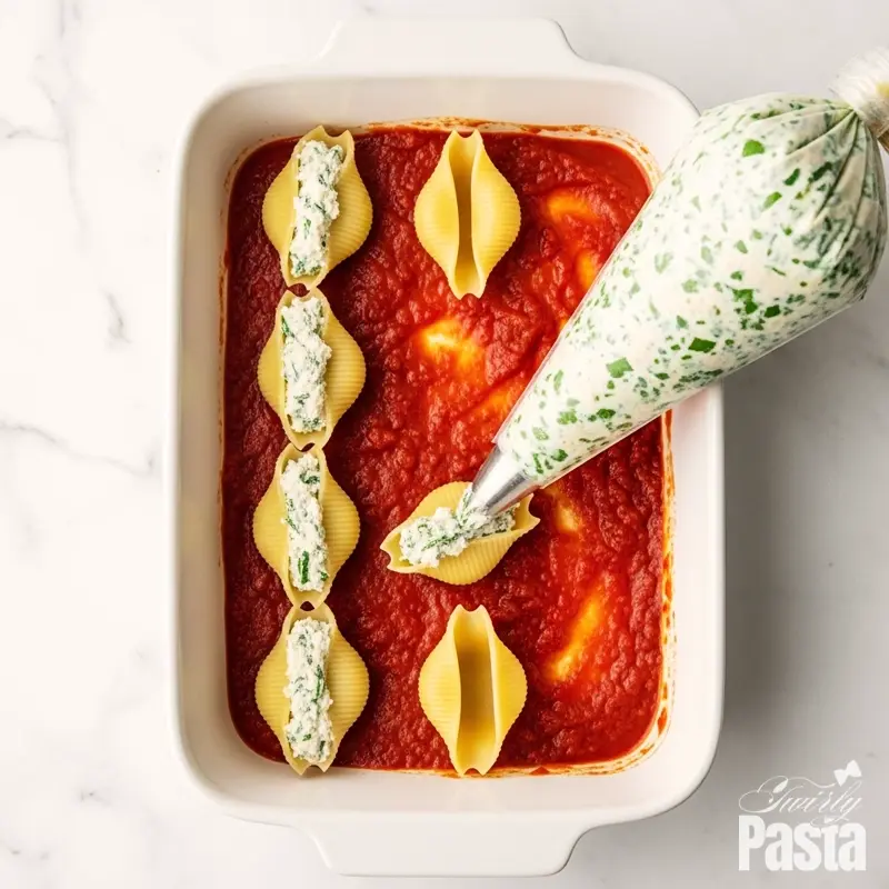 A top-down view of a piping bag filling jumbo pasta shells with a creamy ricotta and chicken mixture inside a white baking dish.