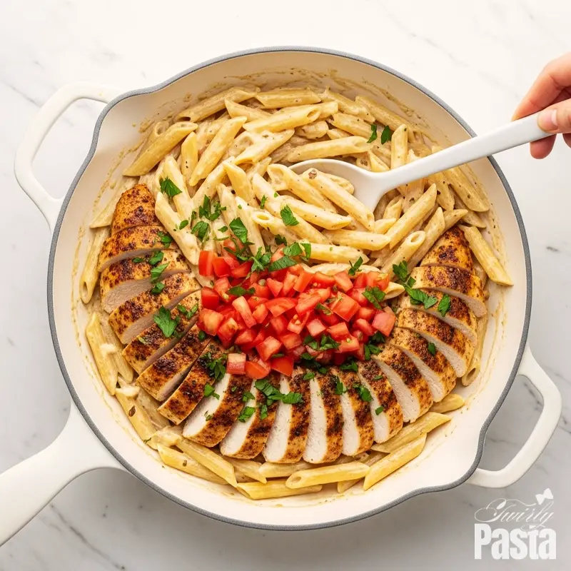Top-down view of cooked penne, sliced chicken, and creamy sauce being tossed together in a large white skillet.