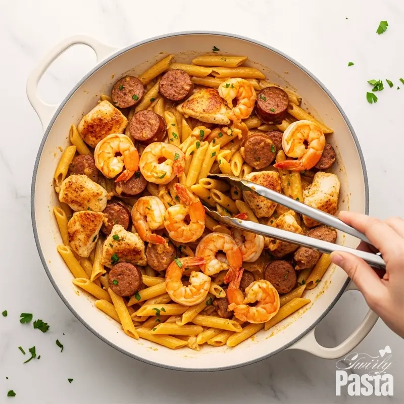 An overhead shot of cooked penne, chicken, sausage, and shrimp being tossed together in a creamy Cajun sauce within a white skillet.
