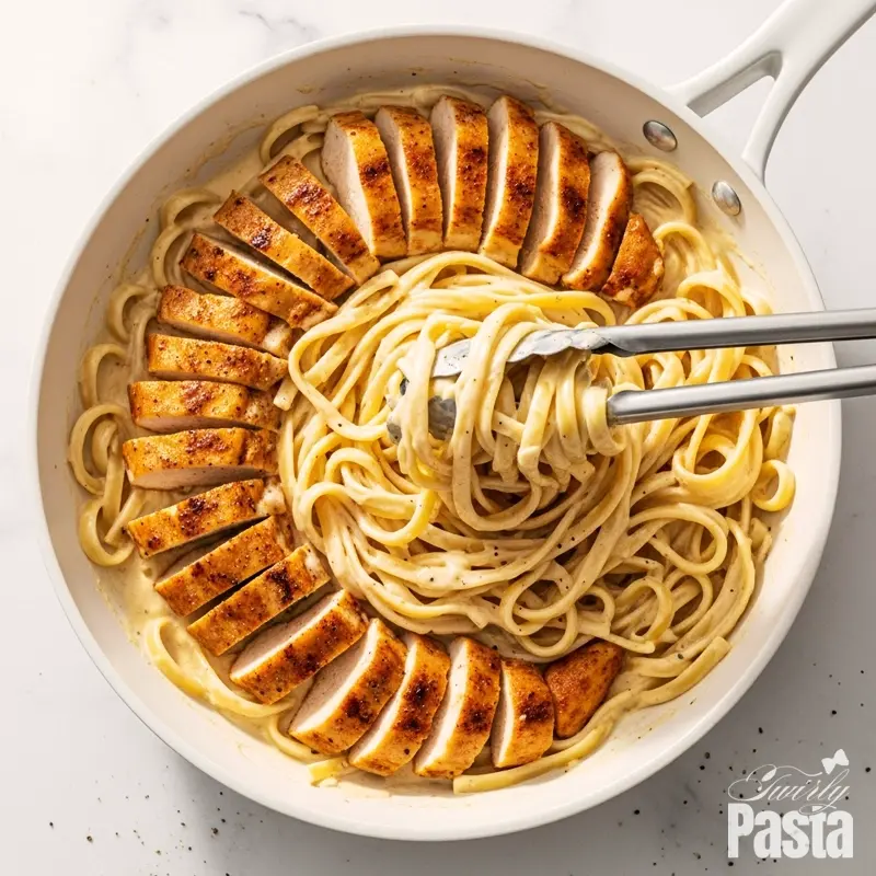 A flat lay photograph of cooked fettuccine and sliced chicken being tossed in a creamy alfredo sauce in a white skillet.