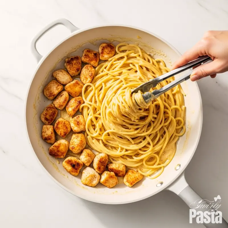 An overhead action shot of chicken carbonara being tossed in a white skillet, creating a creamy, glossy sauce.