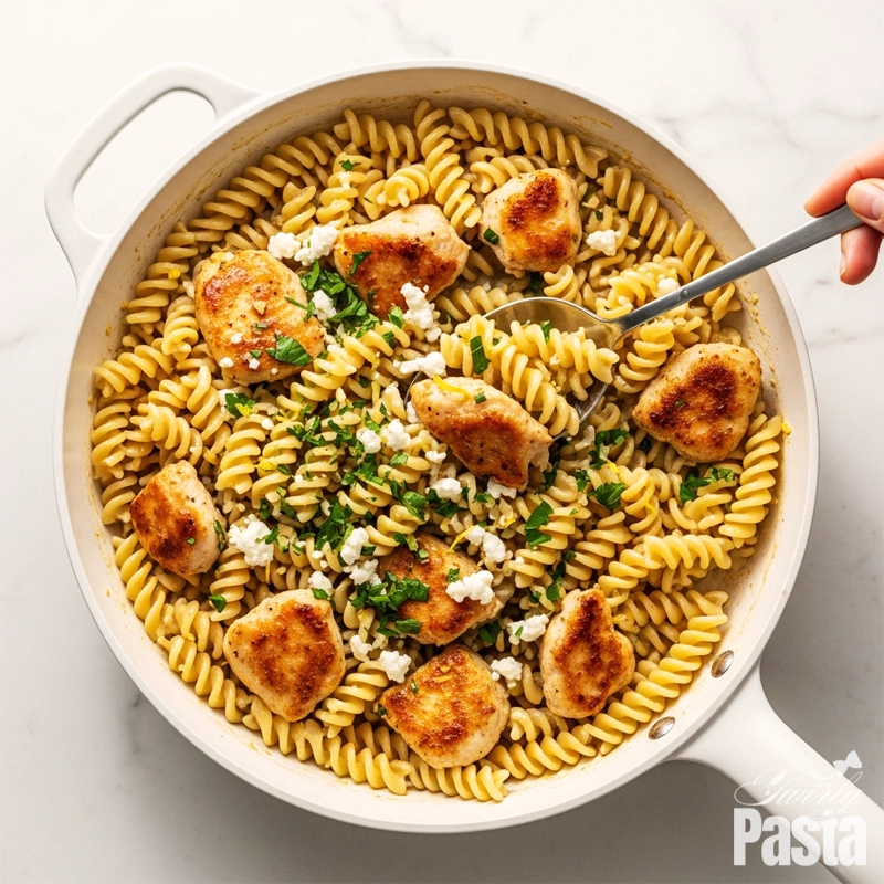 Overhead shot of fusilli pasta, seared chicken, and parsley being tossed together in a creamy goat cheese sauce in a white skillet.