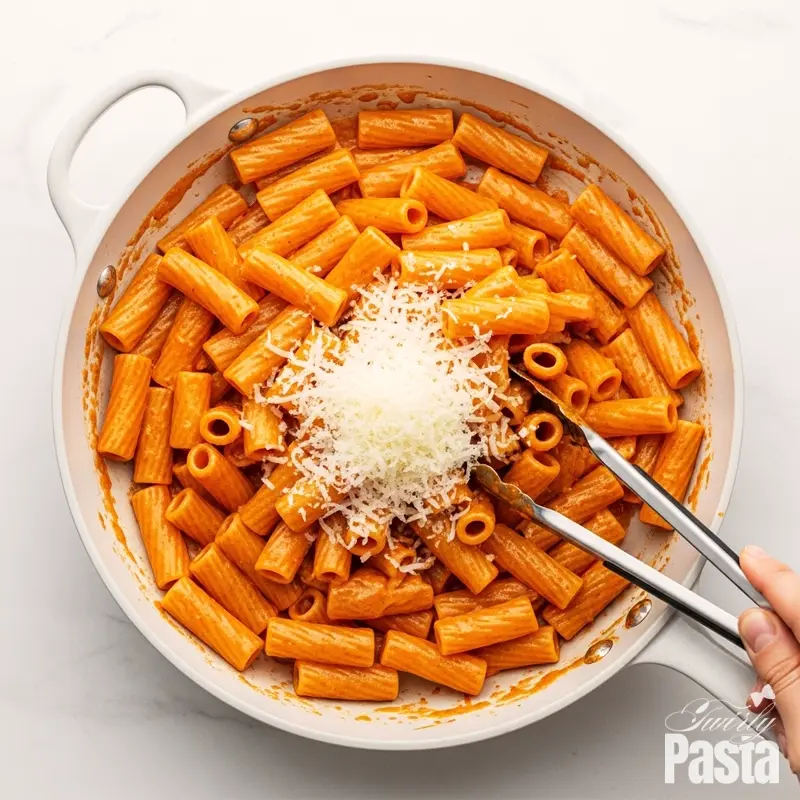 Top-down view of rigatoni being tossed in a skillet with gochujang cream sauce, Parmesan cheese, and pasta water to create a glossy emulsion.