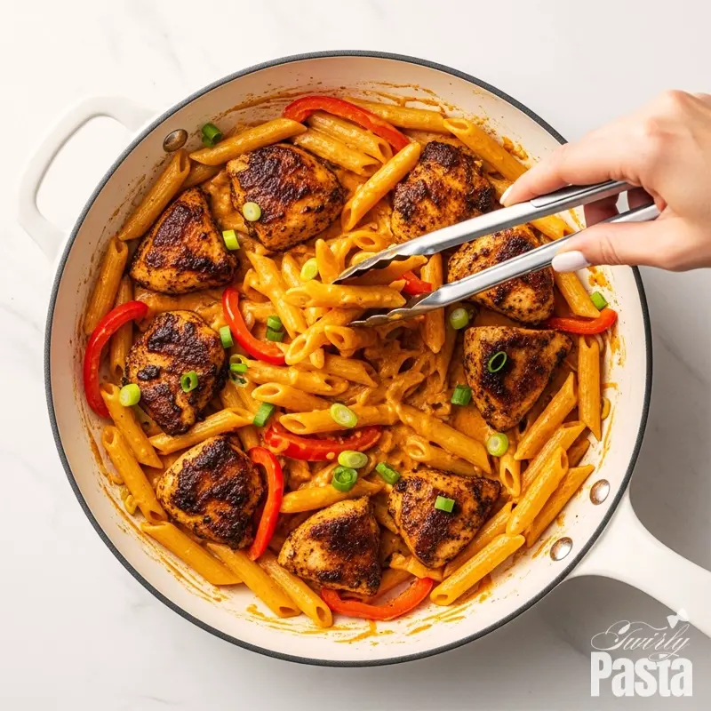 Top-down photo of penne pasta, seared chicken, and peppers being tossed in a creamy jerk sauce within a white skillet.