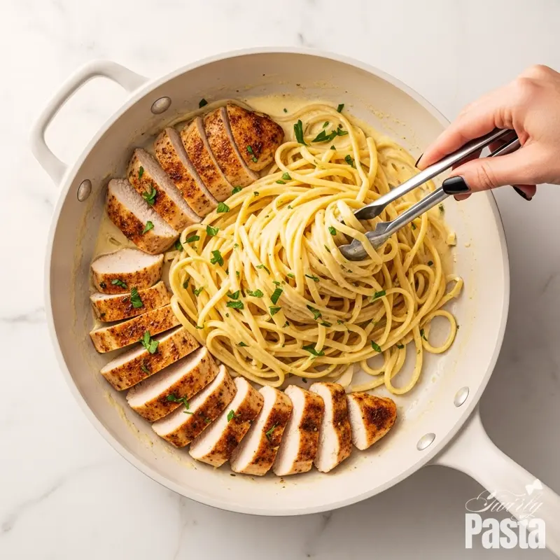 Overhead view of linguine and chicken being tossed together in a creamy sauce within a large white skillet.