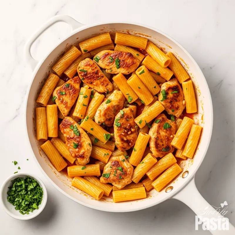 A top-down action shot of rigatoni and chicken being tossed in a glossy red diavolo sauce in a white skillet.