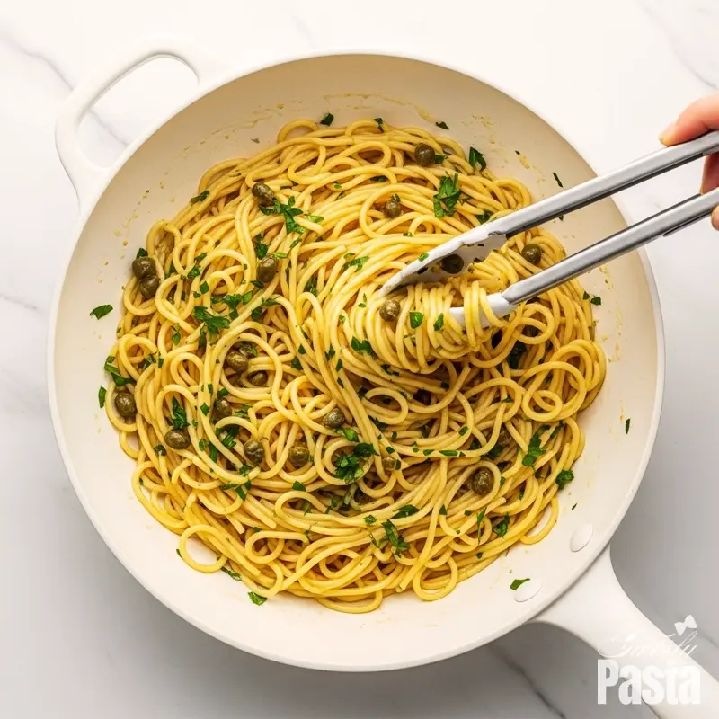 Overhead view of cooked angel hair pasta being tossed with the finished lemon-caper sauce in a white skillet.