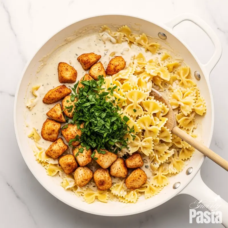 A flat lay photo showing cooked farfalle pasta and fresh parsley being tossed with chicken in a creamy gorgonzola sauce inside a white skillet.