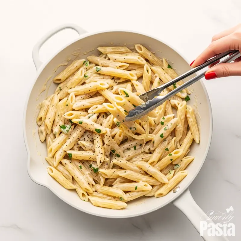 A top-down view of penne pasta being tossed in a creamy white Alfredo sauce in a skillet.