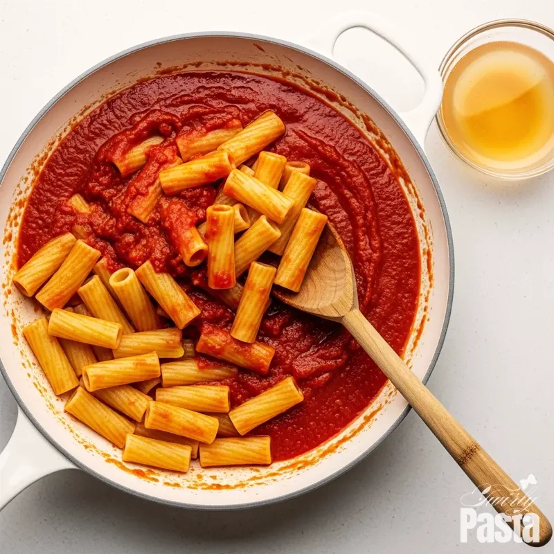 A top-down view of cooked rigatoni pasta being mixed into a skillet of homemade marinara sauce.