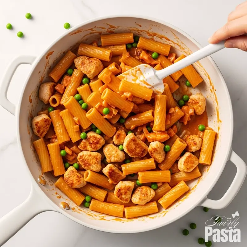 Top-down view of cooked rigatoni, chicken, and peas being tossed together in a skillet of creamy rosé sauce.