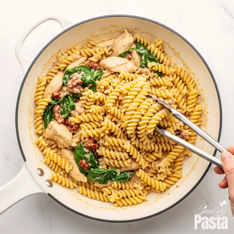 A top-down shot of cooked rotini pasta being tossed with a creamy chicken and sun-dried tomato sauce in a white skillet.
