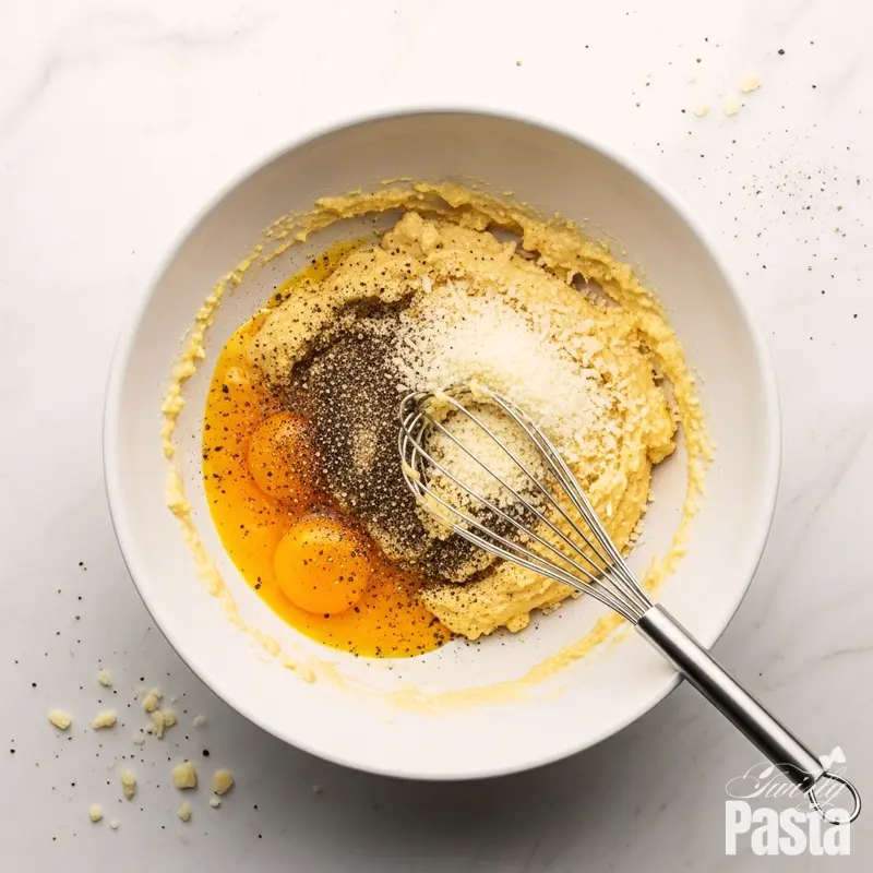 A whisk mixes egg yolks, cheese, and black pepper into a thick paste in a white bowl, seen from directly above.